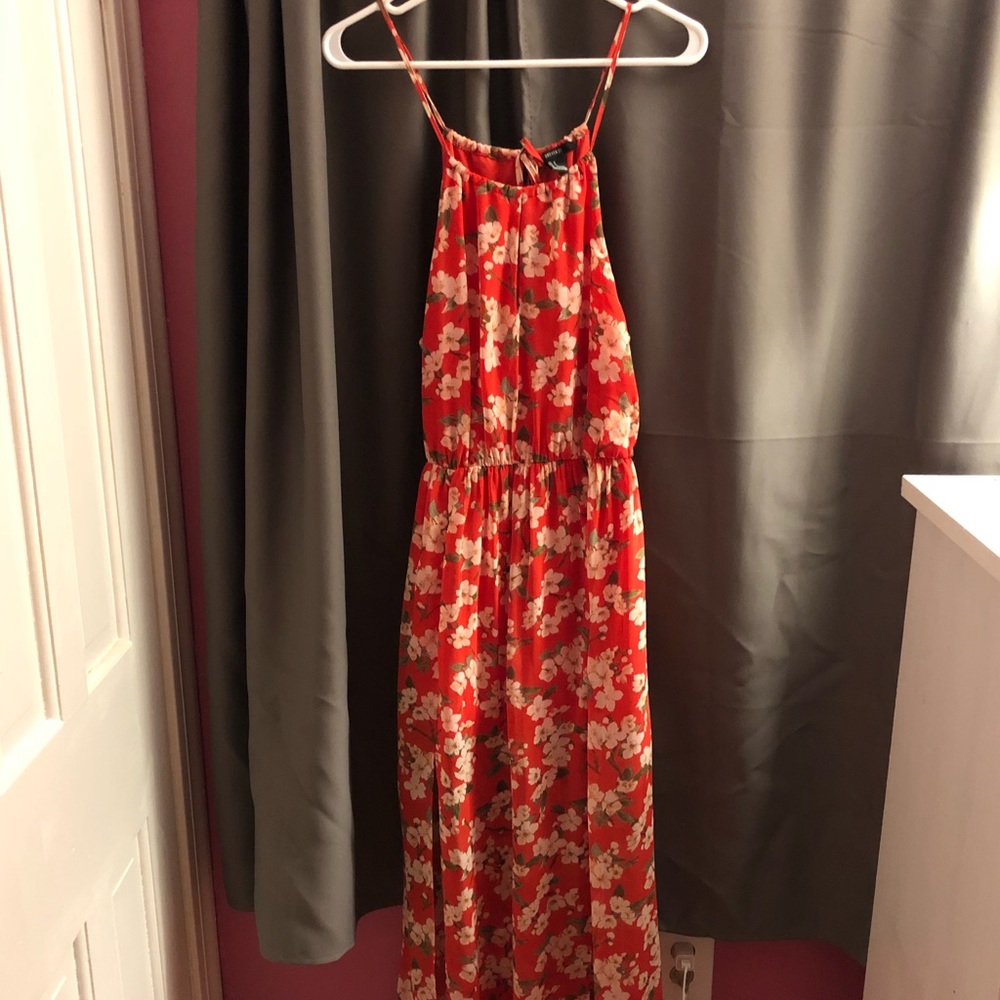 Red and white floral maxi dress